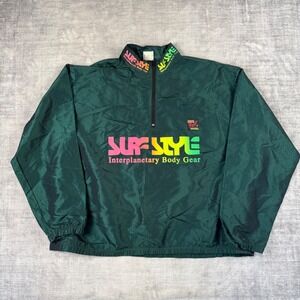 Surf Style Jacket Mens Large Green Windbreaker Quarter Zip Vintage 90s Neon